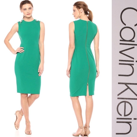 🆕Calvin Klein Button Shoulder Scuba Green Dress - Picture 1 of 4
